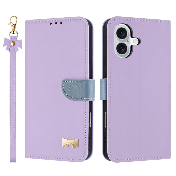 For iPhone 17 Metal Bow Leather Phone Case with Hand Strap(Purple)