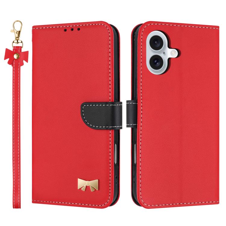 For iPhone 17 Metal Bow Leather Phone Case with Hand Strap(Red)