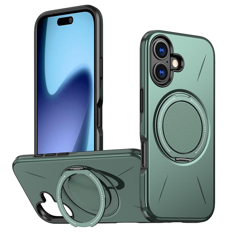 For iPhone 17 Metal Rotation Holder MagSafe TPU Hybrid PC Phone Case(Grey Green)
