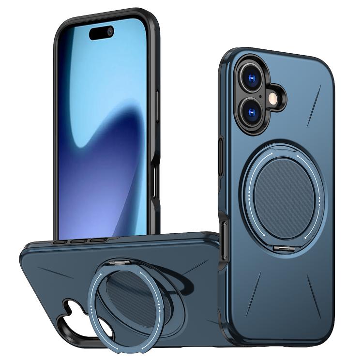For iPhone 17 Metal Rotation Holder MagSafe TPU Hybrid PC Phone Case(Navy Blue)
