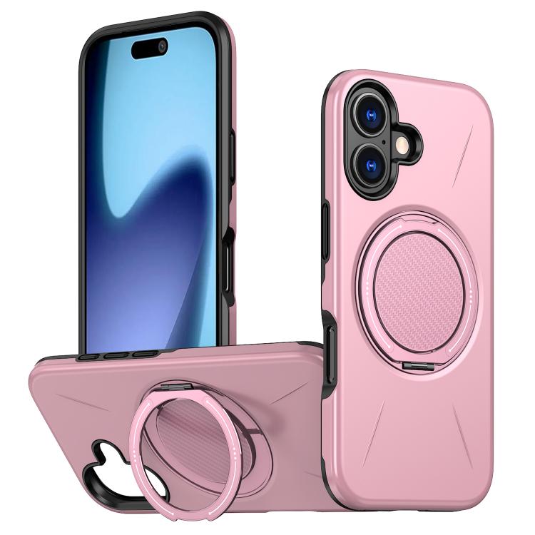 For iPhone 17 Metal Rotation Holder MagSafe TPU Hybrid PC Phone Case(Pink)