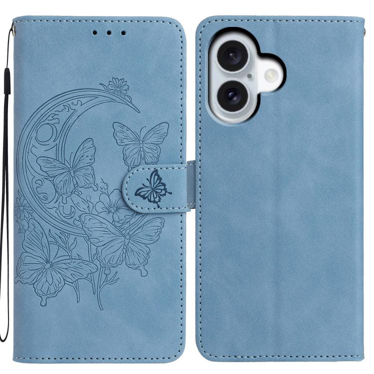 For iPhone 17 Moonlit Butterfly Dance Pattern Embossed Leather Phone Case(Blue)