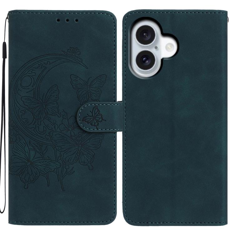 For iPhone 17 Moonlit Butterfly Dance Pattern Embossed Leather Phone Case(Green)