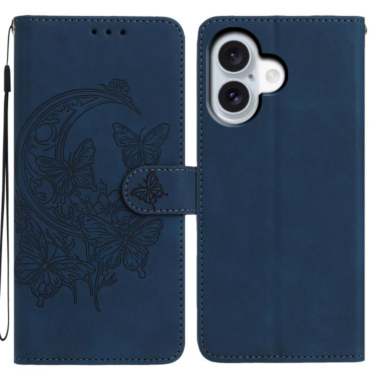 For iPhone 17 Moonlit Butterfly Dance Pattern Embossed Leather Phone Case(Navy Blue)