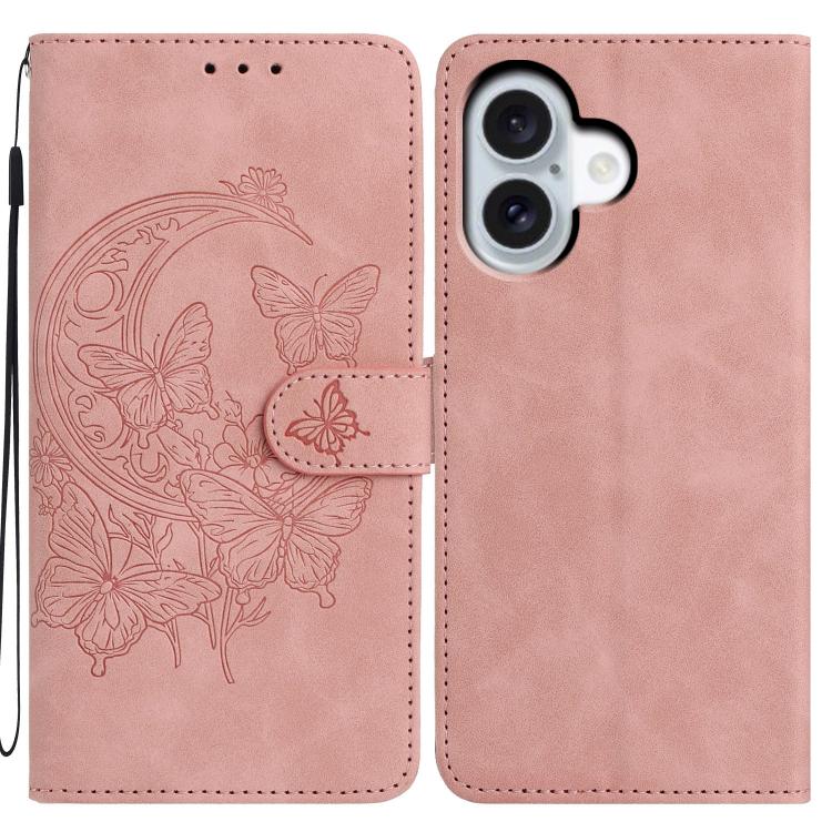 For iPhone 17 Moonlit Butterfly Dance Pattern Embossed Leather Phone Case(Pink)