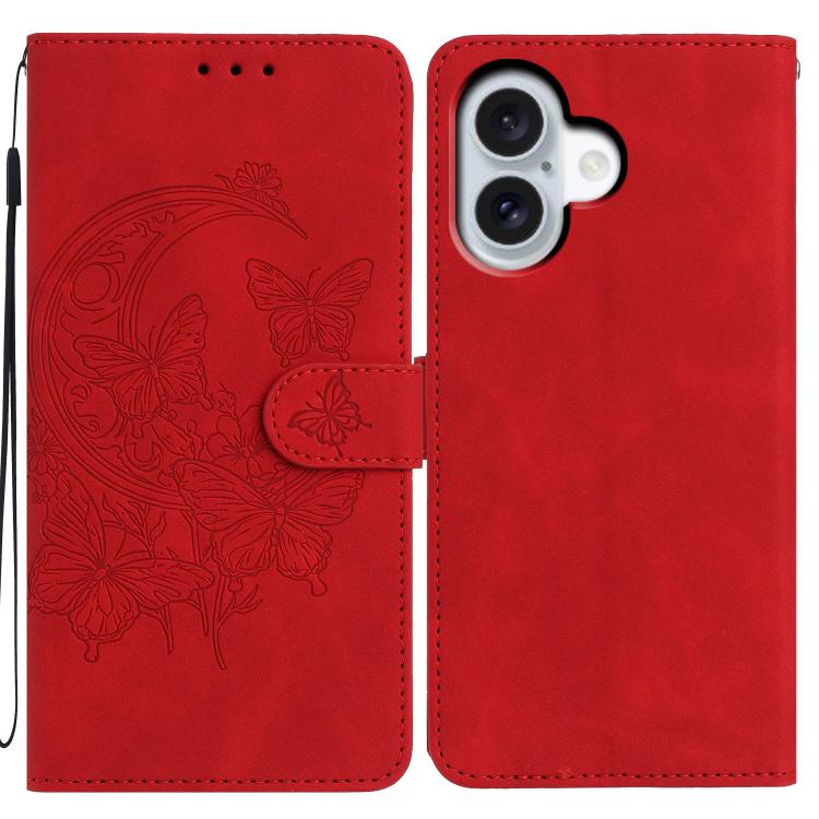 For iPhone 17 Moonlit Butterfly Dance Pattern Embossed Leather Phone Case(Red)