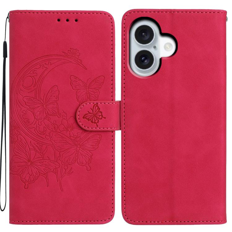 For iPhone 17 Moonlit Butterfly Dance Pattern Embossed Leather Phone Case(Rose Red)