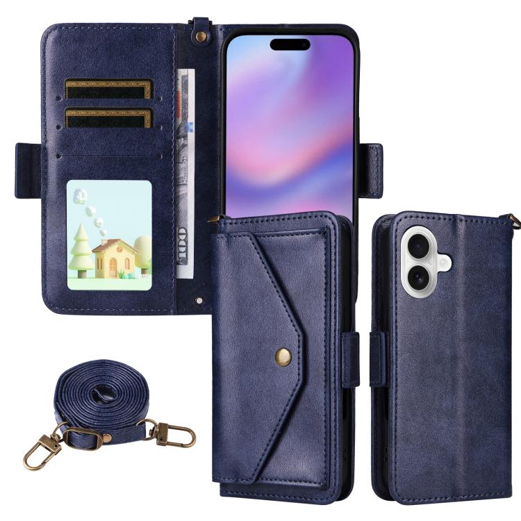 For iPhone 17 Multi-card Slots Crossbody Cowhide Leather Phone Case(Blue)