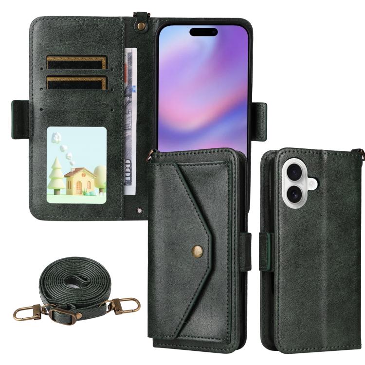 For iPhone 17 Multi-card Slots Crossbody Cowhide Leather Phone Case(Green)