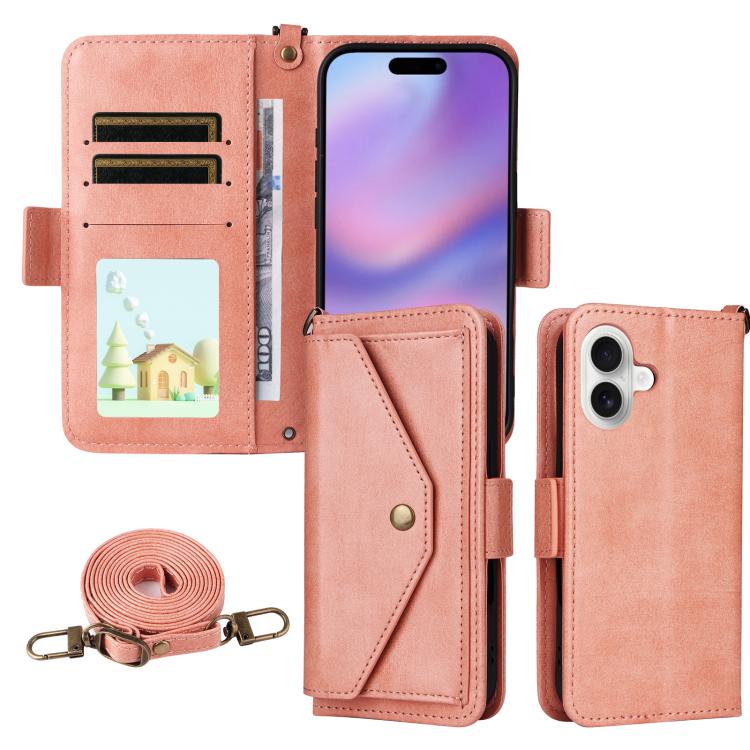 For iPhone 17 Multi-card Slots Crossbody Cowhide Leather Phone Case(Pink)