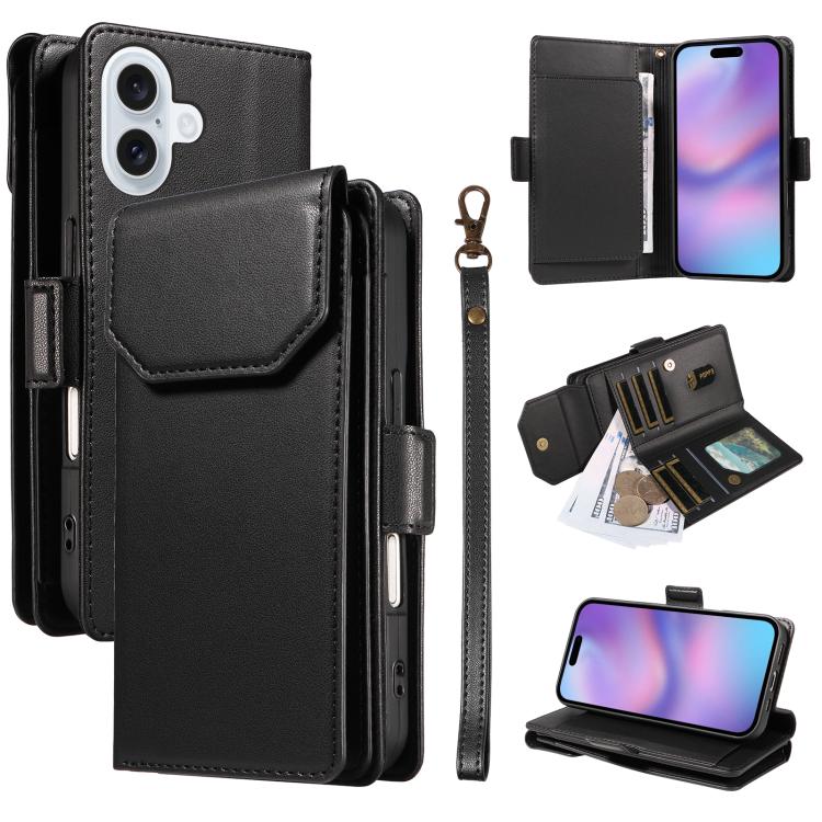 For iPhone 17 Multi Card Wallet Leather Phone Case with Strap(Black)