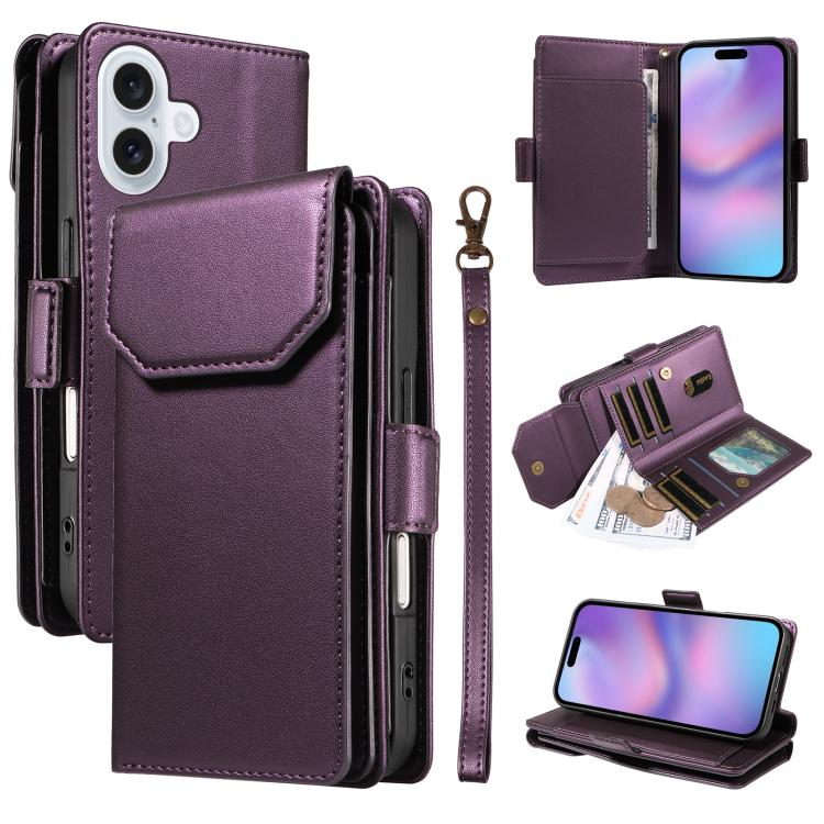 For iPhone 17 Multi Card Wallet Leather Phone Case with Strap(Purple)