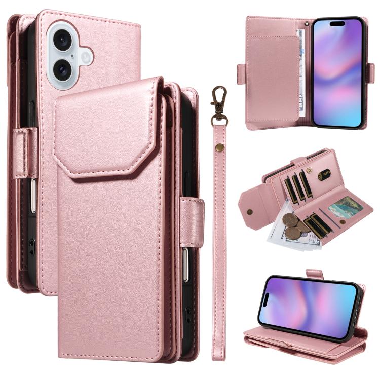 For iPhone 17 Multi Card Wallet Leather Phone Case with Strap(Rose Gold)
