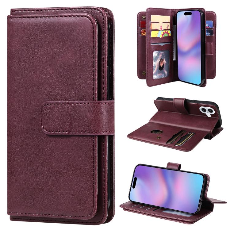 For iPhone 17 Multi-Function Wallet 10 Card Slots Leather Phone Case(Claret)
