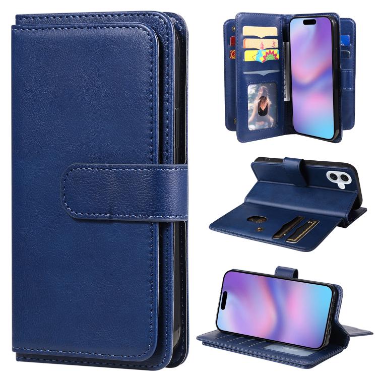 For iPhone 17 Multi-Function Wallet 10 Card Slots Leather Phone Case(Dark Blue)