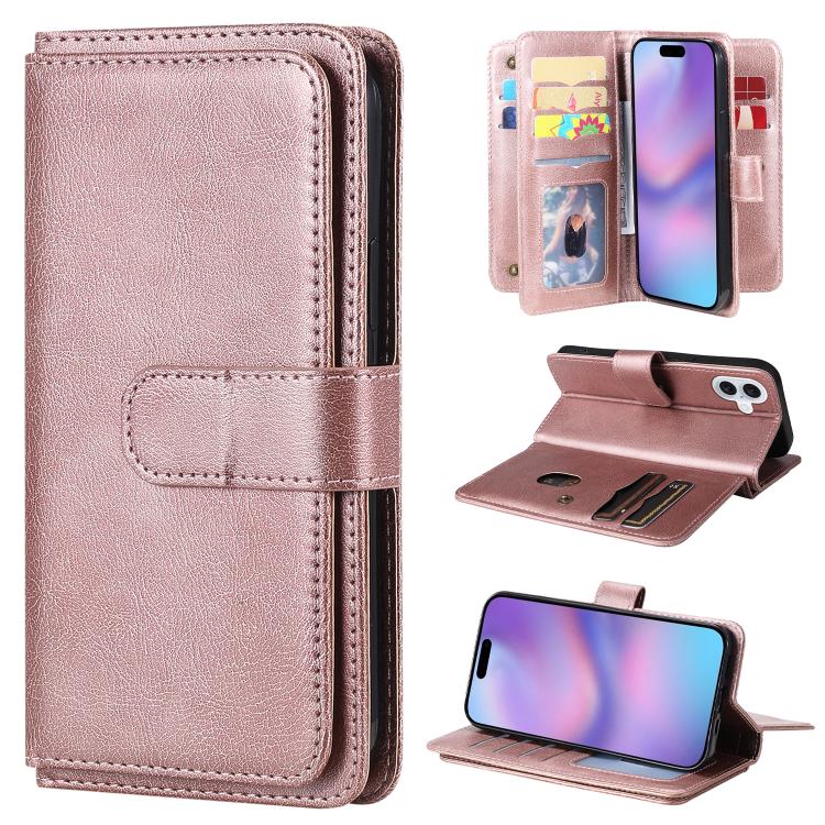 For iPhone 17 Multi-Function Wallet 10 Card Slots Leather Phone Case(Rose Gold)