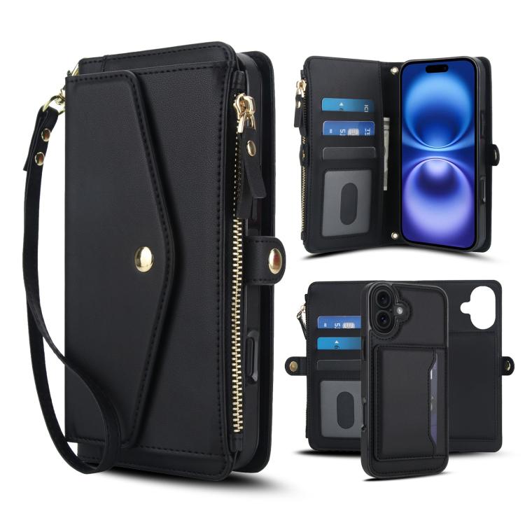 For iPhone 17 Multifunctional Wallet Detachable Leather Phone Case with Lanyard(Black)