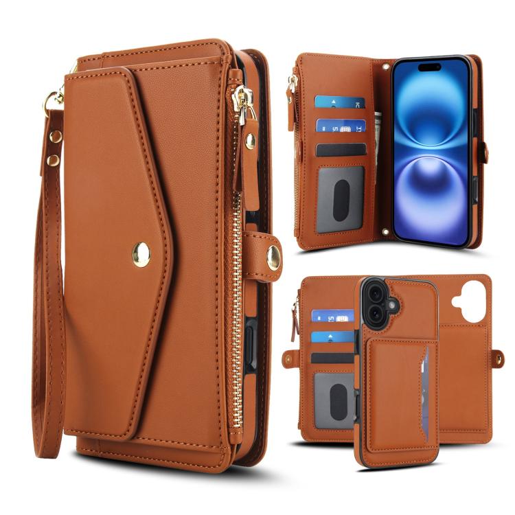 For iPhone 17 Multifunctional Wallet Detachable Leather Phone Case with Lanyard(Brown)