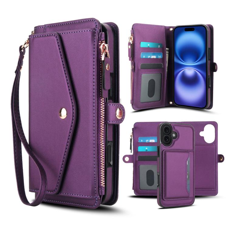 For iPhone 17 Multifunctional Wallet Detachable Leather Phone Case with Lanyard(Dark Purple)