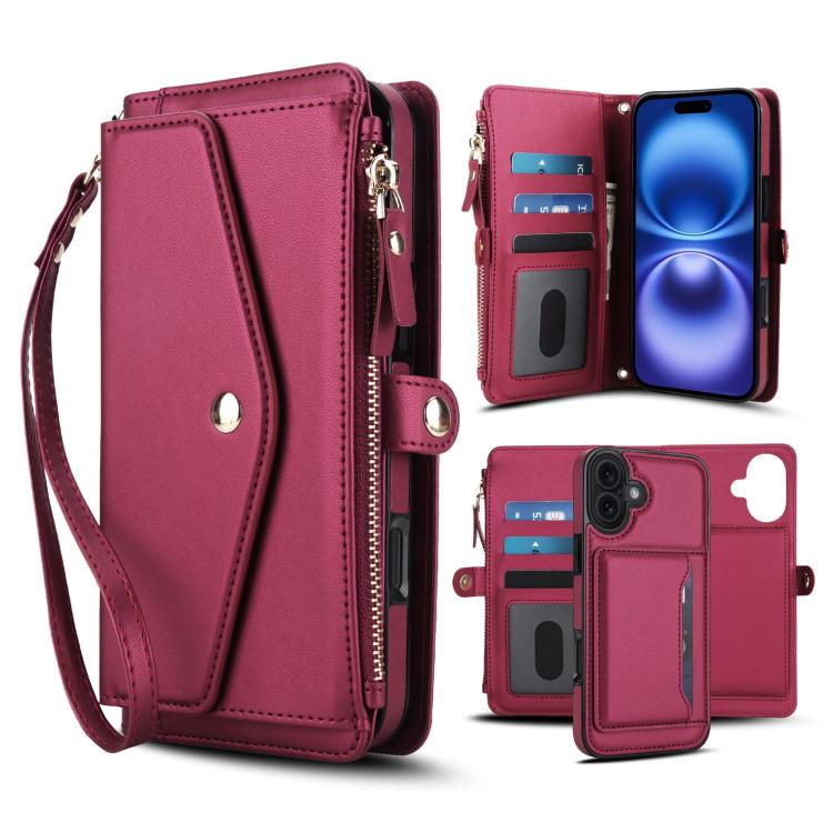 For iPhone 17 Multifunctional Wallet Detachable Leather Phone Case with Lanyard(Red)