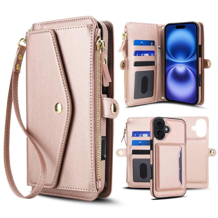 For iPhone 17 Multifunctional Wallet Detachable Leather Phone Case with Lanyard(Rose Gold)