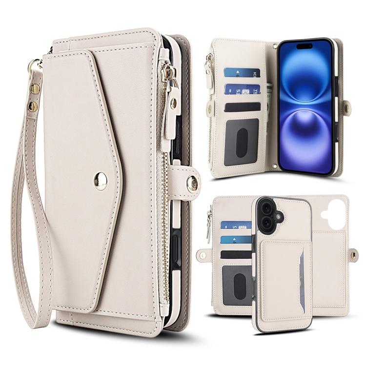For iPhone 17 Multifunctional Wallet Detachable Leather Phone Case with Lanyard(White)