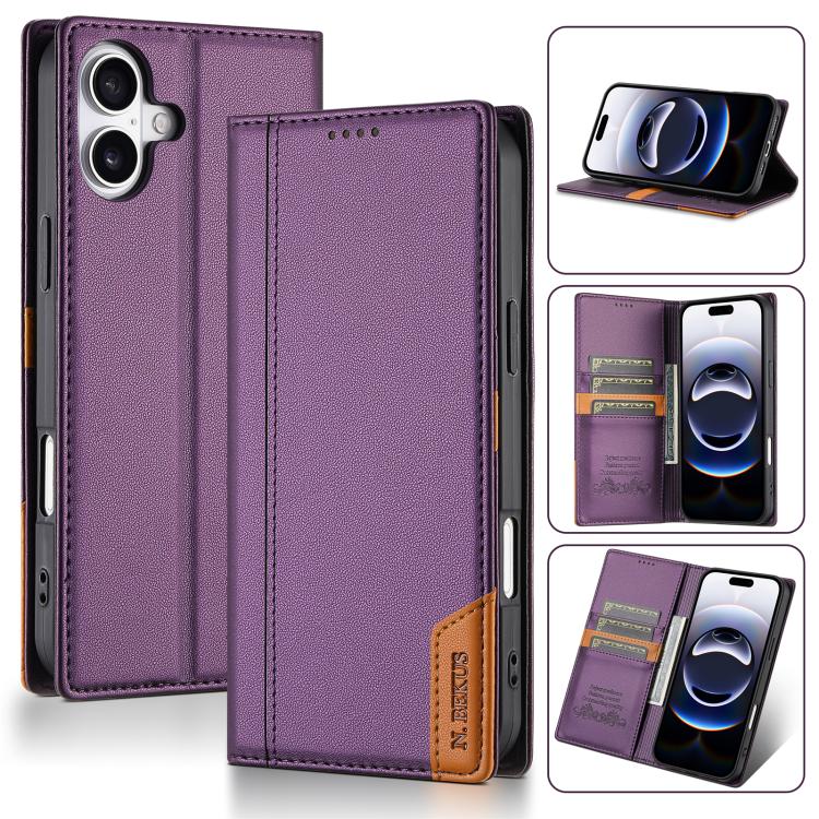 For iPhone 17 N.BEKUS P3 RFID Stitching Magnetic Flip Leather Phone Case(Purple)