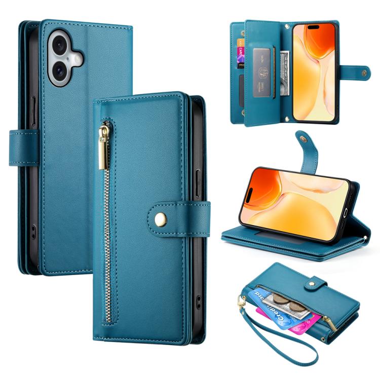 For iPhone 17 Nine Card-slot Zipper Wallet Bag Leather Phone Case(Blue)