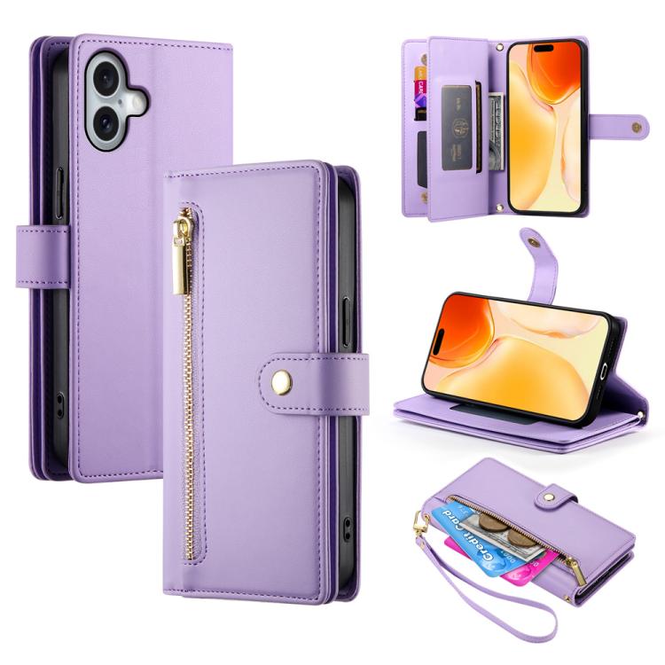 For iPhone 17 Nine Card-slot Zipper Wallet Bag Leather Phone Case(Purple)