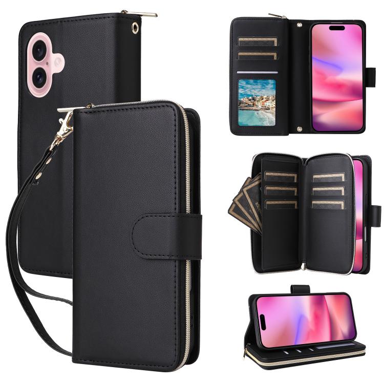 For iPhone 17 Nine-card Slots Zipper Wallet Bag Leather Phone Case(Black)
