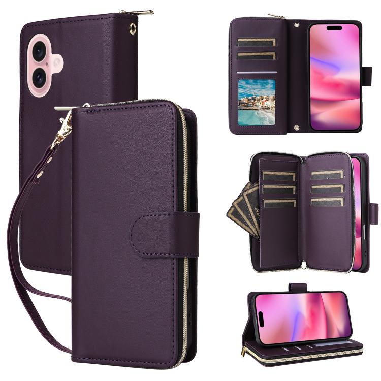For iPhone 17 Nine-card Slots Zipper Wallet Bag Leather Phone Case(Dark Purple)