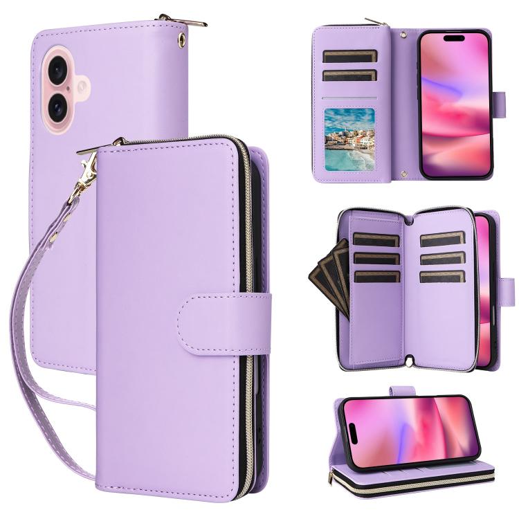 For iPhone 17 Nine-card Slots Zipper Wallet Bag Leather Phone Case(Light Purple)
