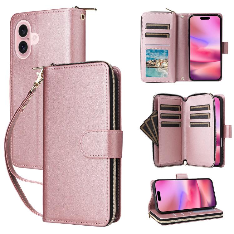 For iPhone 17 Nine-card Slots Zipper Wallet Bag Leather Phone Case(Rose Gold)