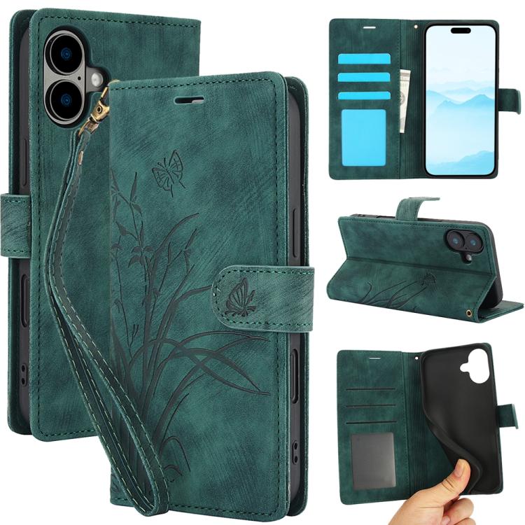For iPhone 17 Orchid Butterfly Embossed Leather Phone Case(Green)