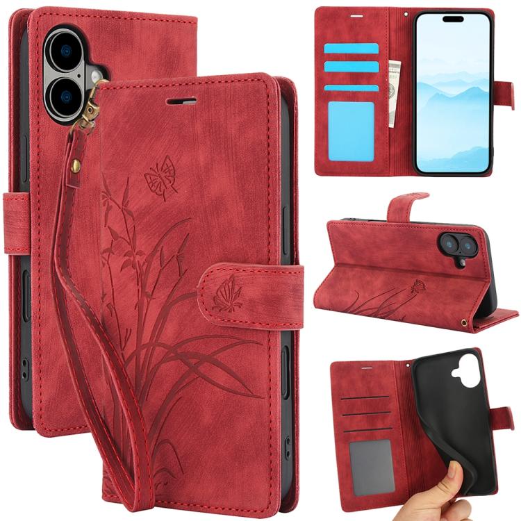 For iPhone 17 Orchid Butterfly Embossed Leather Phone Case(Red)