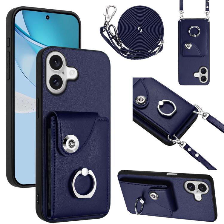 For iPhone 17 Organ Card Bag Ring Holder Phone Case with Long Lanyard(Blue)