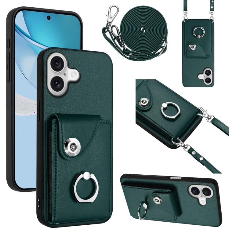 For iPhone 17 Organ Card Bag Ring Holder Phone Case with Long Lanyard(Green)