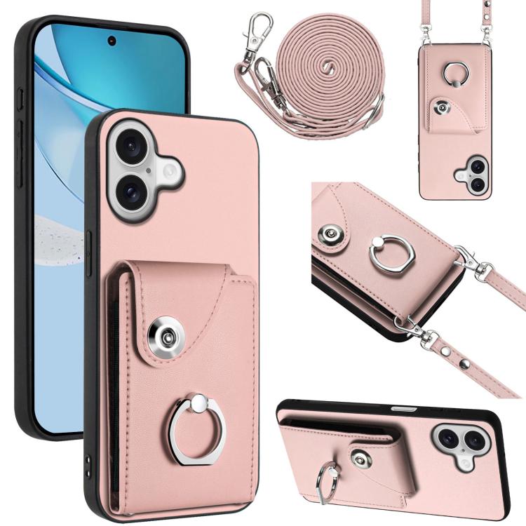 For iPhone 17 Organ Card Bag Ring Holder Phone Case with Long Lanyard(Pink)