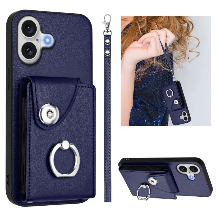 For iPhone 17 Organ Card Bag Ring Holder PU Phone Case with Lanyard(Blue)