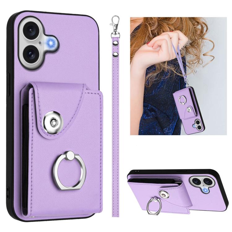 For iPhone 17 Organ Card Bag Ring Holder PU Phone Case with Lanyard(Purple)