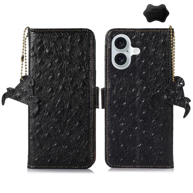 For iPhone 17 Ostrich Pattern Genuine Leather RFID Phone Case(Black)