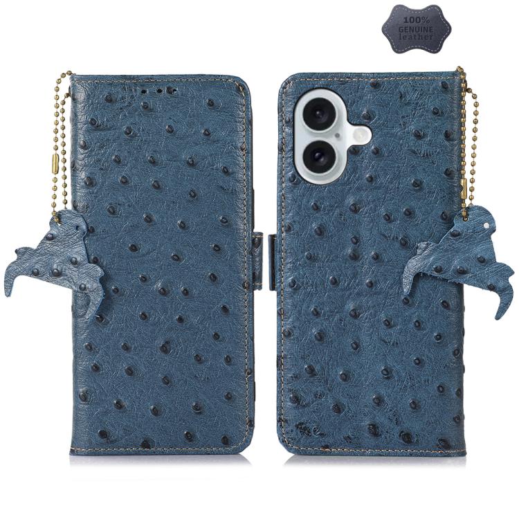 For iPhone 17 Ostrich Pattern Genuine Leather RFID Phone Case(Blue)
