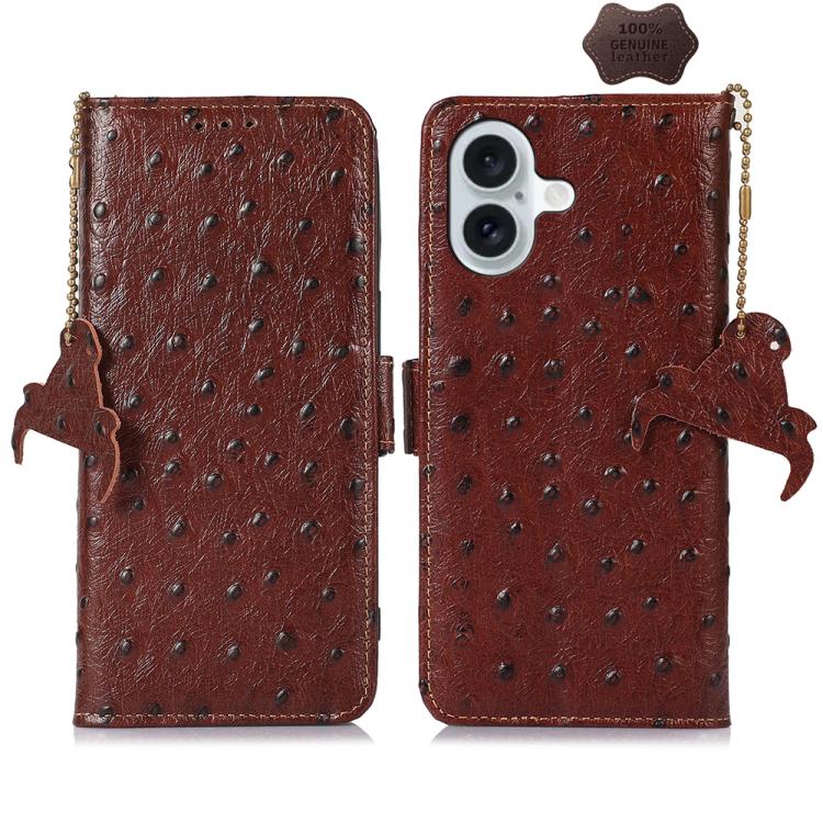 For iPhone 17 Ostrich Pattern Genuine Leather RFID Phone Case(Coffee)