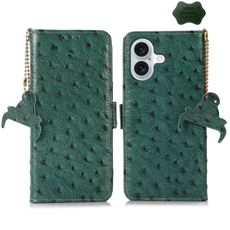 For iPhone 17 Ostrich Pattern Genuine Leather RFID Phone Case(Green)
