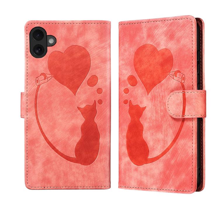 For iPhone 17 Pen Heart Cat Embossed Leather Phone Case(Orange)