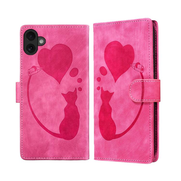 For iPhone 17 Pen Heart Cat Embossed Leather Phone Case(Pink)