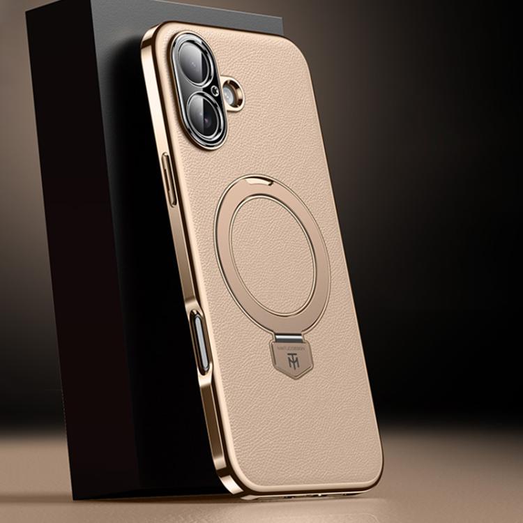 For iPhone 17 Plain Leather MagSafe Holder Phone Case(Gold)
