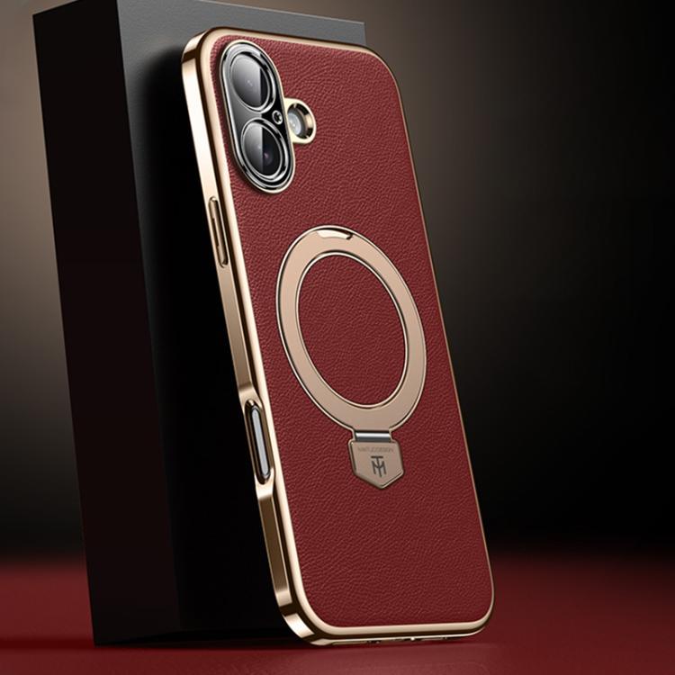 For iPhone 17 Plain Leather MagSafe Holder Phone Case(Red)