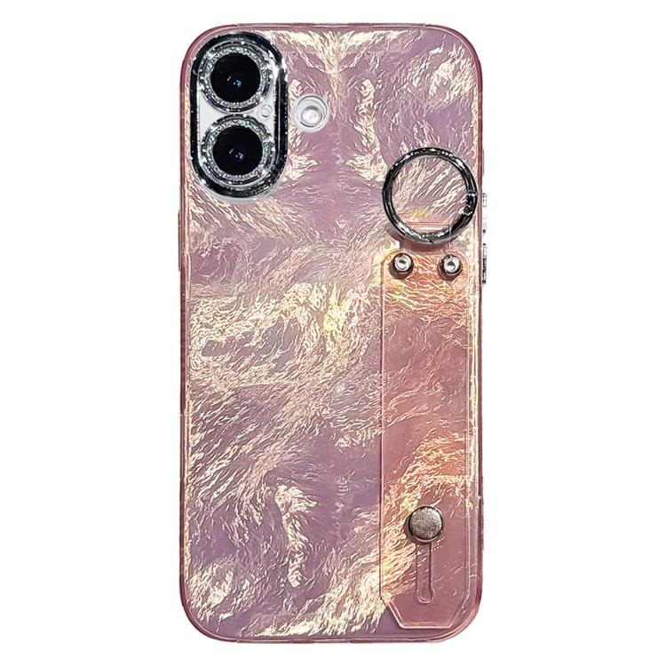 For iPhone 17 Plating Foil-like Metallic Texture Wristband Holder TPU Phone Case with Lens Film(Pink)