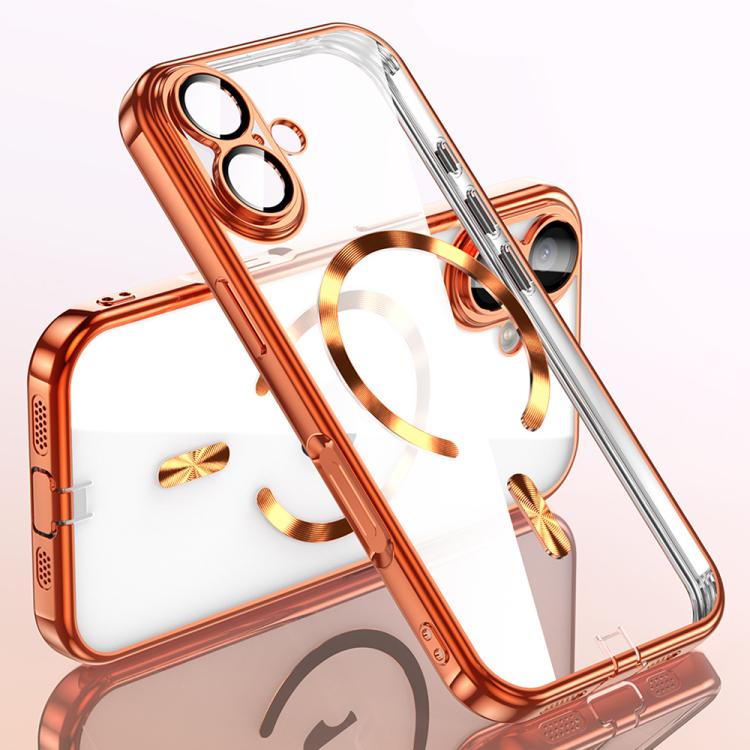 For iPhone 17 Plating Paint TPU MagSafe Phone Case with Dust Plug & Lens Film(Orange)